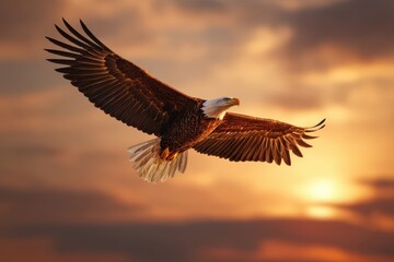 Obraz premium Soaring Eagle Mascot. The Bald Eagle of Freedom Soaring in the Sunrise Sky of Faith