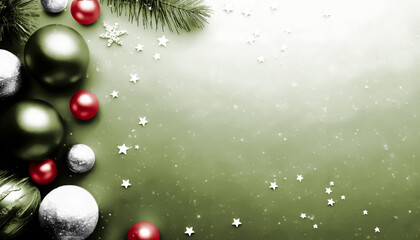 Green Christmas Background with Baubles and Stars for Holiday Designs
