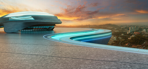 3d rendering futuristic building with neon lights overlooking modern city at sunset