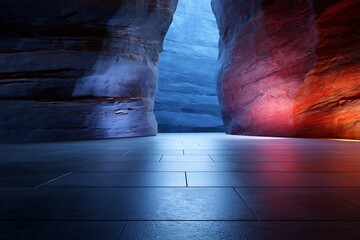 Colorful Cave Interior with Blue and Red Lighting Modern Artistic Design