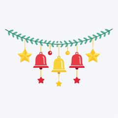 Obraz premium A festive garland with red and yellow bells, stars, and green leaves, perfect for holiday decorations and celebrations.