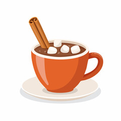 A warm mug of hot chocolate topped with marshmallows and a cinnamon stick.