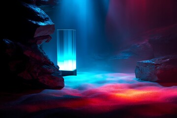 Futuristic Cave Scene with Blue and Red Lighting Illuminating Rocks and Snow