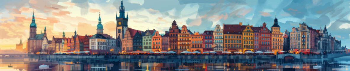 Obraz premium historic European buildings in fall, lined with orange and yellow trees along a riverbank under cloudy skies. Generative ai vector colorful illustration.