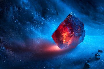 Red and Blue Glowing Ice Crystal in Space Scene with Cosmic Dust and Stars