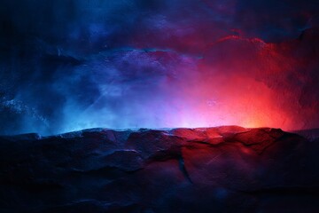 Abstract Blue and Red Lava Landscape with Fiery Glow in Dark Environment