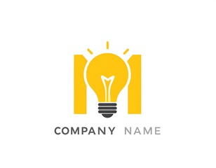 Modern logo featuring a yellow lightbulb integrated within the letter M