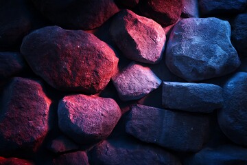 Colorful Illuminated Rocks in Dark Environment with Red and Blue Lighting