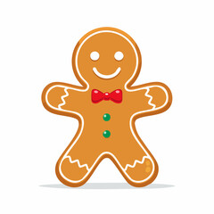 A gingerbread man cookie with a red bow tie and green buttons on a white background.