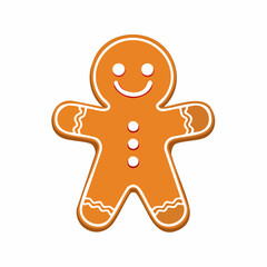 A classic smiling gingerbread man cookie with white icing details isolated on a plain white background.