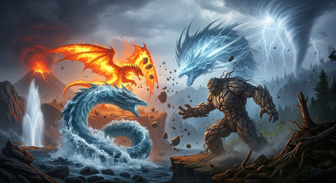 Epic Battle of Elemental Forces &ndash; Fire, Water, Earth, and Air Titans Clash in a Dramatic Fantasy Landscape. The Great Elemental Battle