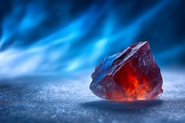 Red Gemstone on Icy Surface with Blue Streaks in Background