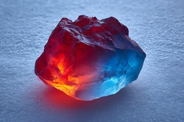 Vivid Red Blue Ice Rock Illuminated on Snowy Surface