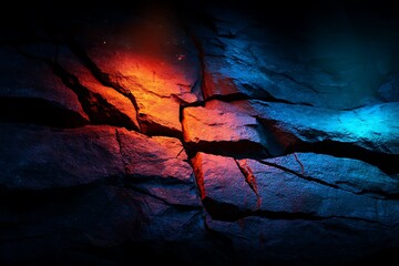 Colorful Illuminated Cracked Rock Surface with Blue and Red Lighting