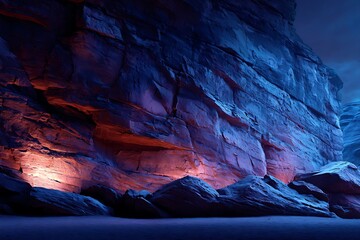 Vivid Rocky Cliffs Illuminated with Blue and Red Light at Night