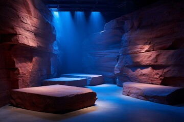 Indoor Stage Set with Red Rock Walls and Blue Lighting in a Theater or Performance Space