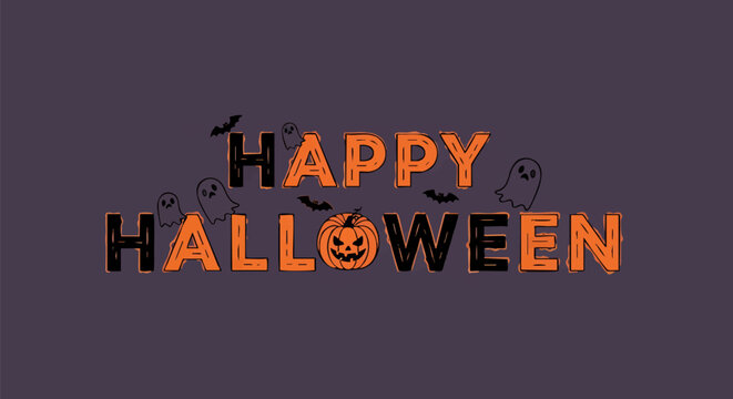 A festive Happy Halloween greeting banner featuring spooky hand-drawn typography with ghosts, bats, and a jack-o'-lantern on a dark purple background - Powered by Adobe