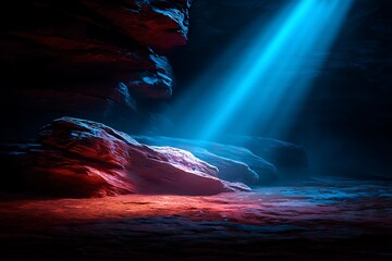 Mystical Cave Interior with Red and Blue Rock Formations and Dramatic Light Beam