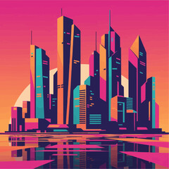 WPAP style cityscape with tall skyscrapers and sunset gradient sky. Polygonal architecture illustration inspired by modern metropolis and geometric abstraction.