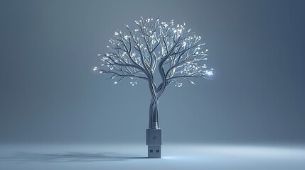 Conceptual wallpaper of a tree formed from USB cables and ports, uniting nature and technology. It symbolizes connectivity, growth, charging, and data flow with a clean, minimal look for modern screen