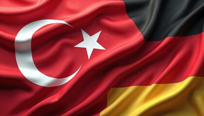 Turkish and German flags intertwined. Flags of Turkey and Germany mixed together. Red white crescent star and black red gold tricolor fabric waving. Symbols of national unity and cooperation.