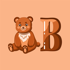 Brown letter B with a cute sitting bear, perfect for animal-themed educational alphabet designs and playful illustrations.