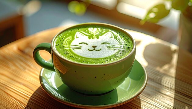 Matcha Latte Art, Cat Face foam in Green Cup