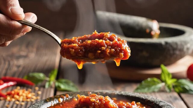 Steaming Homemade Sambal Drizzling from Spoon into Stone Mortar
