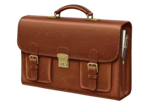 Isolated brown leather briefcase with brass details, perfect for business or professional needs