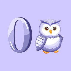 Purple letter O beside a cute owl, perfect for alphabet learning visuals and creative classroom designs.