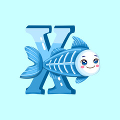 Blue letter X paired with a smiling fish, perfect for aquatic alphabet designs and creative educational illustrations.