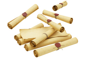 Isolated Antique paper scrolls, parchments sealed with wax, historical rolled up documents