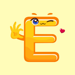 Adorable orange letter E cartoon character with a friendly gesture and smiling face, perfect for creative alphabet illustrations.
