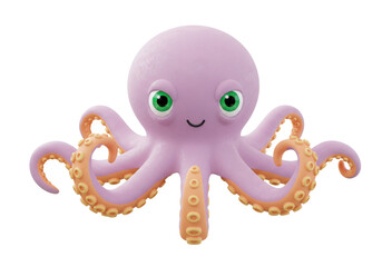 Isolated cute lilac octopus with suction cups and big green eyes against a plain backdrop