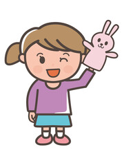 ウサギのパペットで遊ぶ女の子の全身イラスト