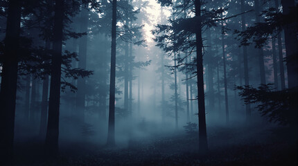 Mystischer Nebelwald bei Morgendämmerung