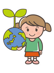 SDGsや環境問題のイメージの地球を支えて持つ女の子の全身イラスト