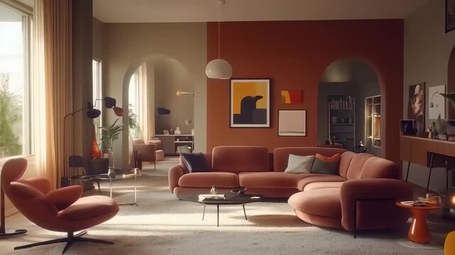 Modern living room interior design with terracotta accent wall and archways