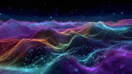 Abstract landscape with pixelated mountains and starlight shining on a cosmic horizon.