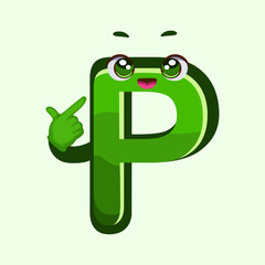 Green letter P cartoon character with peace sign and smiling face, suitable for alphabet posters and cheerful learning graphics.