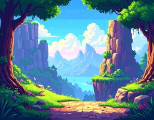 Lush fantasy vista. An inviting path leads through a framed landscape of towering cliffs, serene valleys, and distant mountains under a vibrant blue sky