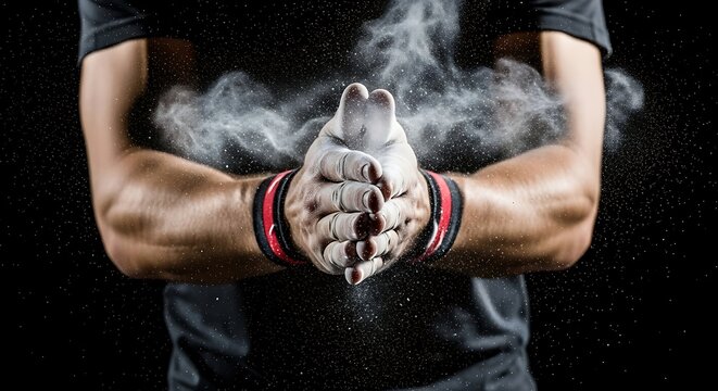 Powerful athlete clapping hands with chalk powder, creating a dramatic explosion before a heavy workout session in the gym