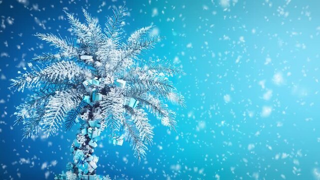 Video Of A Festive Winter Wonderland Gift Decorated Palm Tree In The Middle East With Snow Gently Falling Over It