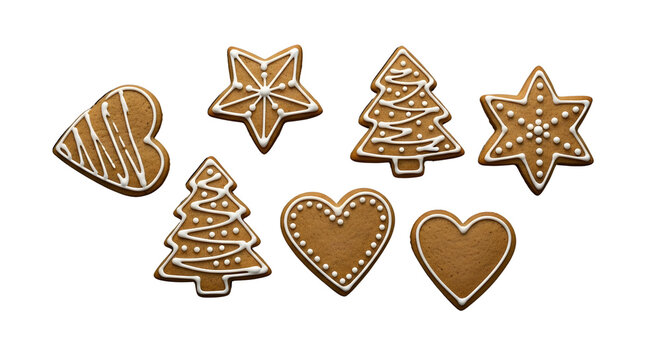 Arrangement of decorated gingerbread cookies in star tree and heart shapes on transparent background png - Powered by Adobe