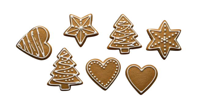 Arrangement of decorated gingerbread cookies in star tree and heart shapes on transparent background png