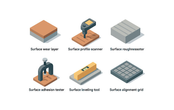 isometric icon items isolated on white background surface wear layer surface profile scanner surface roughness comparator surface adhesion tester surface leveling tool surface alignment grid