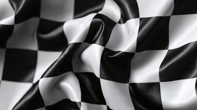 A close-up view of a waving checkered flag, the symbol of triumph in racing. The black and white pattern creates a sense of motion and excitement
