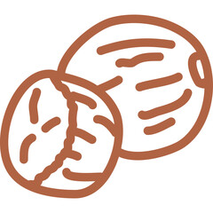 Two brown coconuts drawn in a simple outline style on a transparent background with one coconut cut in half revealing its inner texture and segments