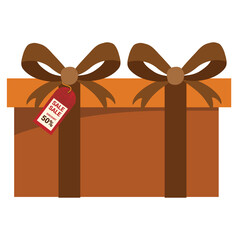 Two Brown Gift Boxes With Brown Ribbons and Bows Attached And A Red Sale Tag Showing 50% Off On A Transparent Background For Retail Promotions And Seasonal Shopping Events