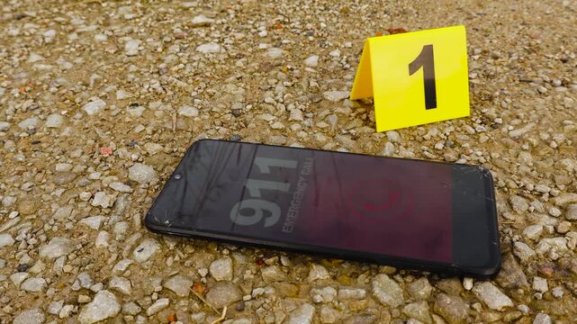 Close up view of a modern smartphone calling 911 emergency number at a crime scene next to a police investigation crime numbered marker on muddy wet gravel mud road ground during day time.